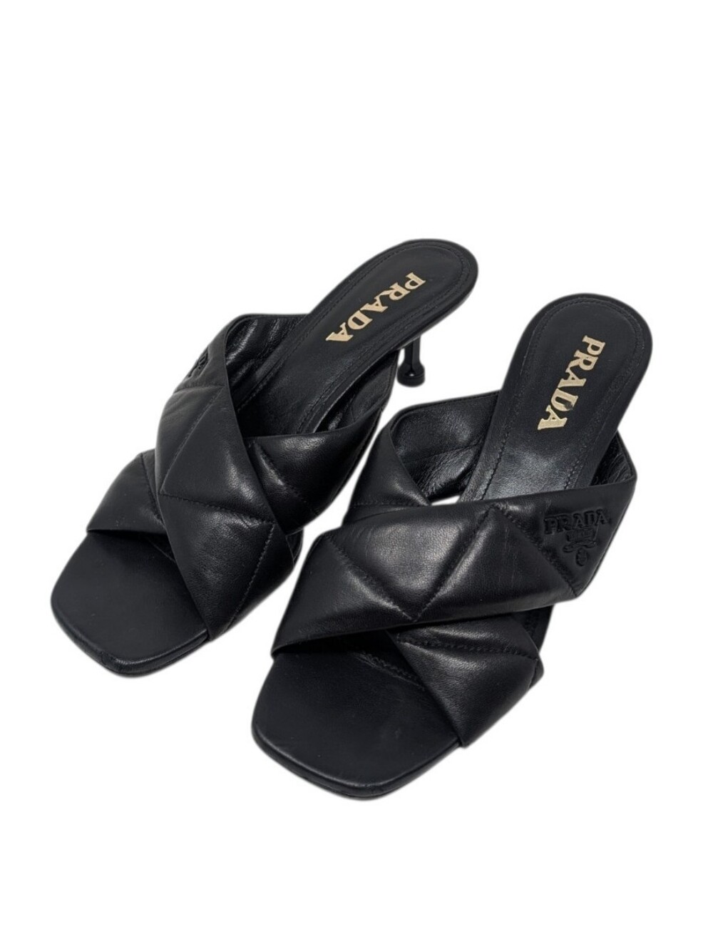 Prada Black Quilted Leather Criss Cross Slide Dress Up Evening Heeled Sandals 39